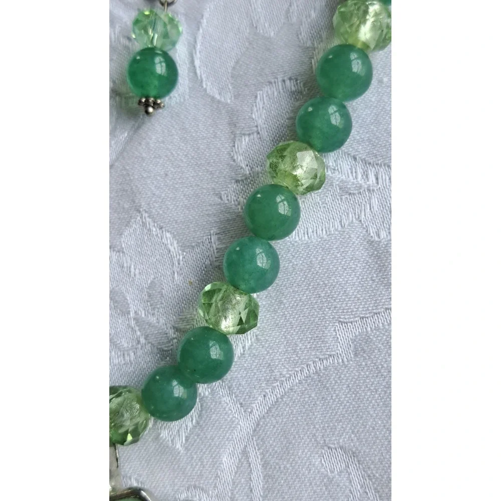 Gemstone Beaded Jewelry Set Necklace Earrings Aventurine Turtle Jade Pendant